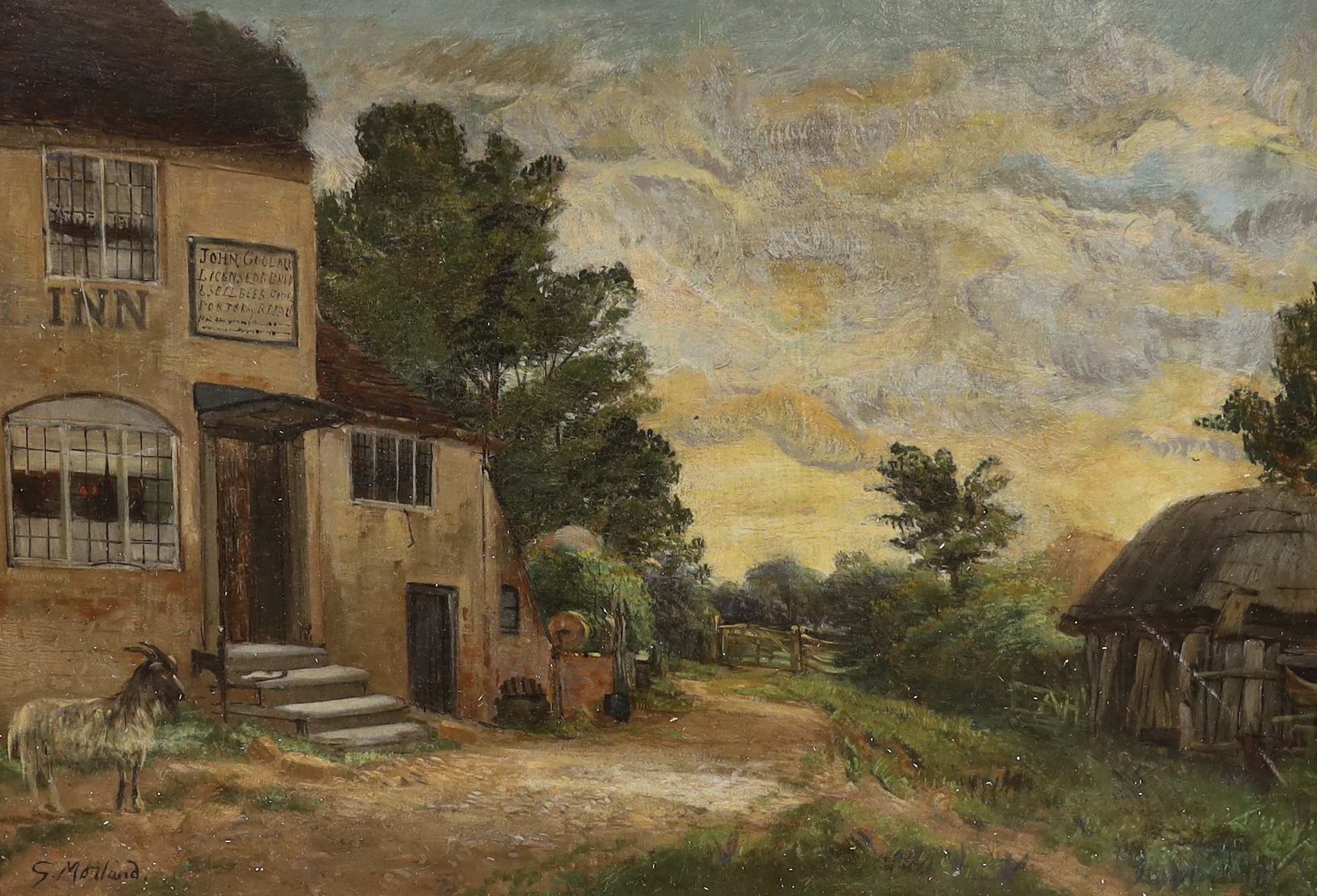 After George Morland, oil on canvas, Country landscape with tavern, 33 x 48cm